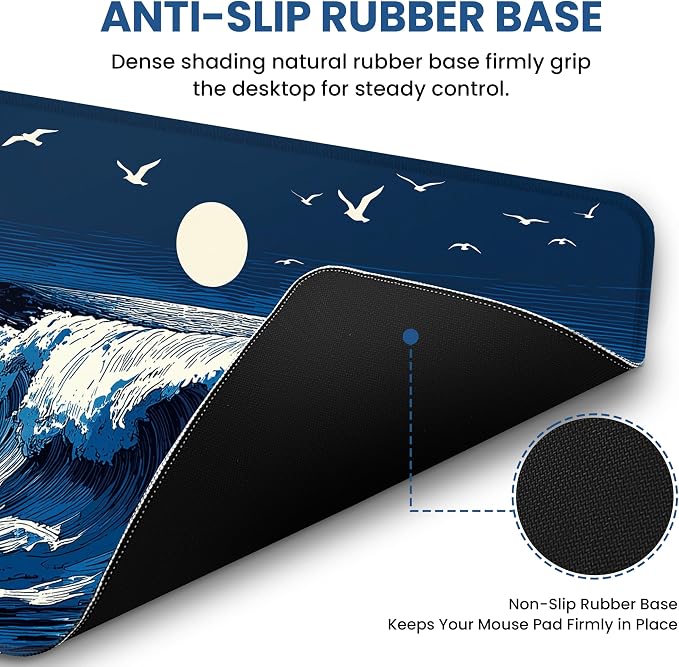Aesthetic Desk Mat, Cute Moonlit Waves Desk Pad Protector for Work & Decor, 35.4" x 15.7", Pretty Non-Slip Extended Mouse Pad for Office or Home