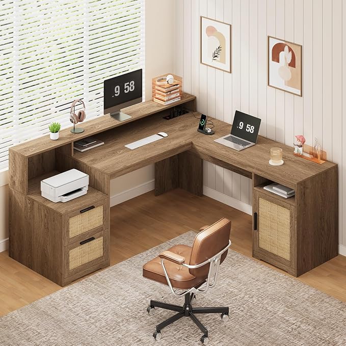63" Rattan L Shaped Desk with Drawers & Printer Shelf for Home Office | Corner Computer Desk with Storage, Power Outlets, L Shaped Office Desk with Monitor Stand, Printer Shelf, Oak