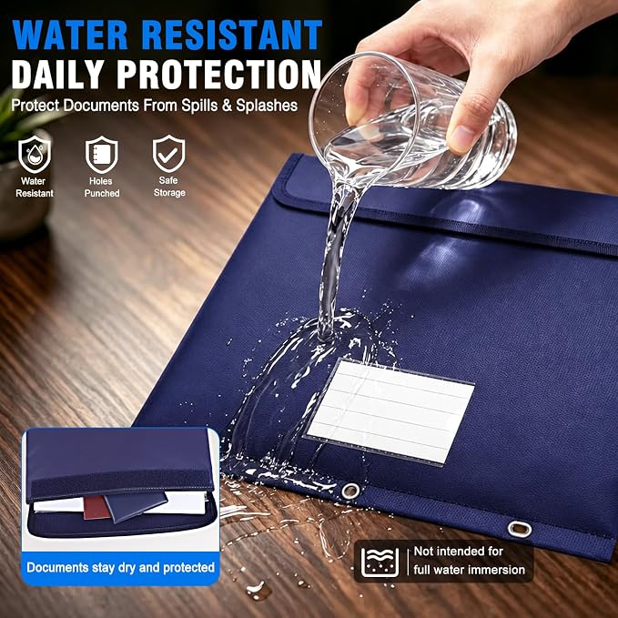 Fireproof 3 Ring Binder Pocket, Document Bag Side Loading, 2 Pack | Water Resistant,Heat Insulated,Hook&Loop Closures,Binder Folders,Safe Storage for Home Office Travel,Letter Size,Blue
