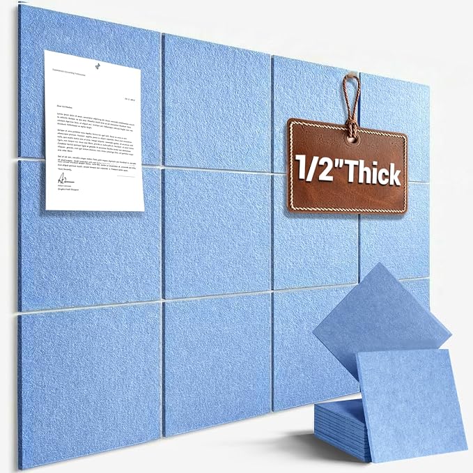 48" x 36" Large Felt Bulletin Board 1/2" Thick, Sky Blue | 12 Pack Felt Tiles, Cork Board Alternative, 60 Adhesive Tabs, Pin Board for Home Office Decor with Easy Install