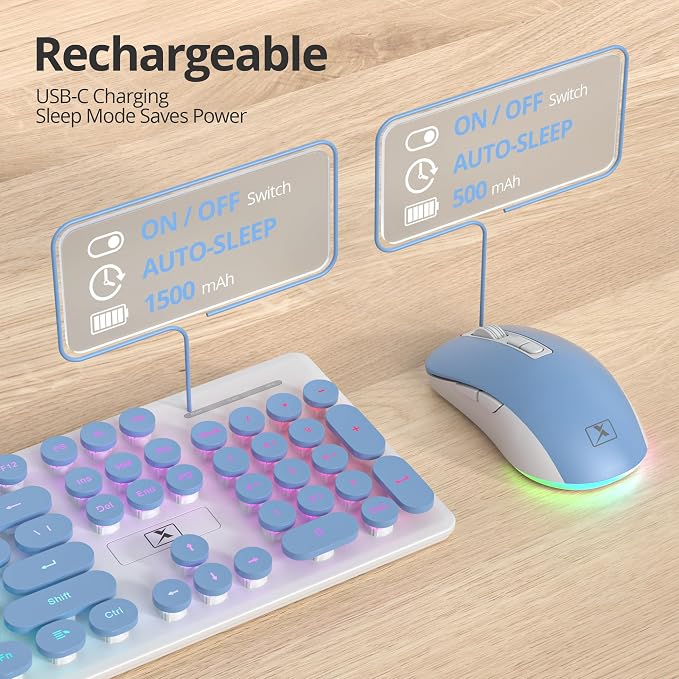 Backlit Wireless Keyboard and Mouse, 2.4GHz Light Up Typewriter Rechargeable Cordless Quiet Keyboard with USB Receiver for PC/Laptop (Blue)