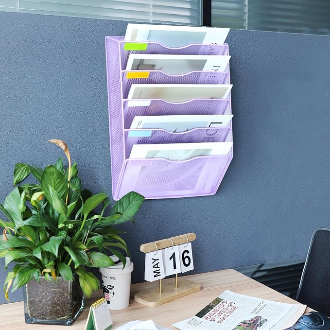 5 Pockets Mesh Wall File Holder Organizer Office Hanging File Folder Magazine Rack, Nametag Label Hooks Set Included (Purple)