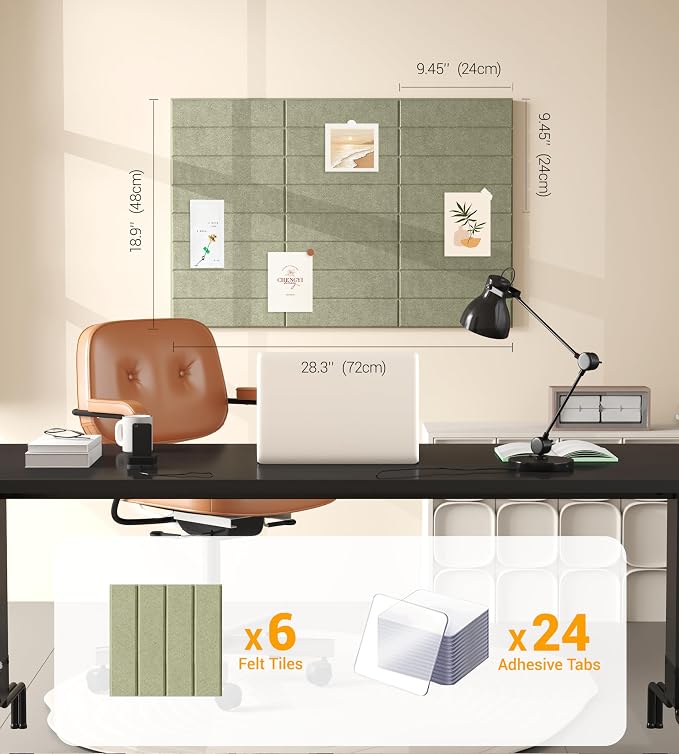 28" x 18" Felt Bulletin Board Tiles 1/2" Thick, Sage Green | 6 Pack Felt Tiles, Large Cork Board Alternative, 30 Adhesive Tabs, Pin Board for Home Office Decor with Easy Install