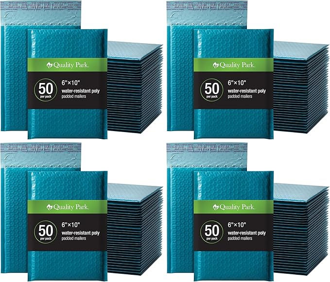 Quality Park Bubble Mailers, 6 x 9 Inch, Blue Poly Mailers, Padded Envelopes, Shipping Envelopes, Water Resistant, Self Seal, 50 Per Box (QUA85862) (Pack of 4)