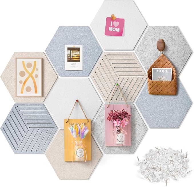 Felt Bulletin Cork Board for Office, 12 x 10 inch, 10 Pack | Hexagon Bulletin Board Tiles, 1300g/m² Dense Felt, Fully Self Adhesive, Peel and Stick, Frameless, Modern, Office Home Decor