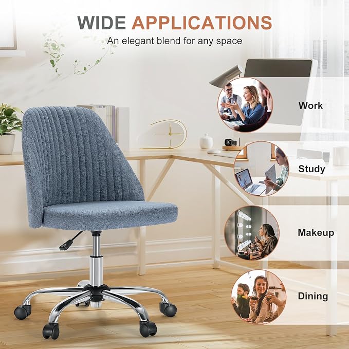 DUMOS Home Office Chair, Comfy Desk Chair with Rolling Wheels | Armless Height Adjustable, Wide Seating, Vanity Swivel Task, Bedroom Student Adults, Blue