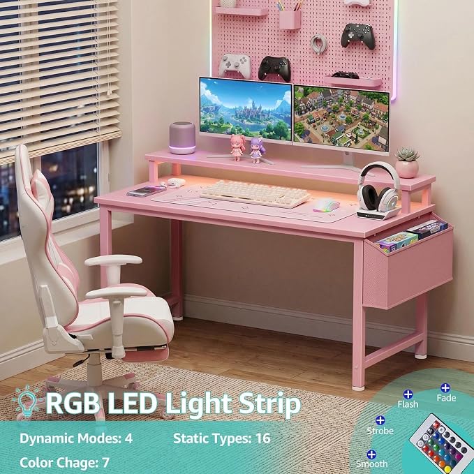Lufeiya Small Girls Desk with Power Outlets and LED Lights, 32 Inch Gaming Desk Table with Charging Station, Home Office Computer Desks with Monitor, Pink