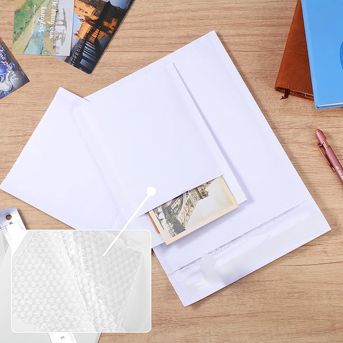 100 Pcs Kraft Bubble Mailers 3 Size Padded Envelopes Kraft Poly Mailers Bubble Lined Shipping Envelopes Mail Shipping Bags for CDs Book Business Supplies (White)