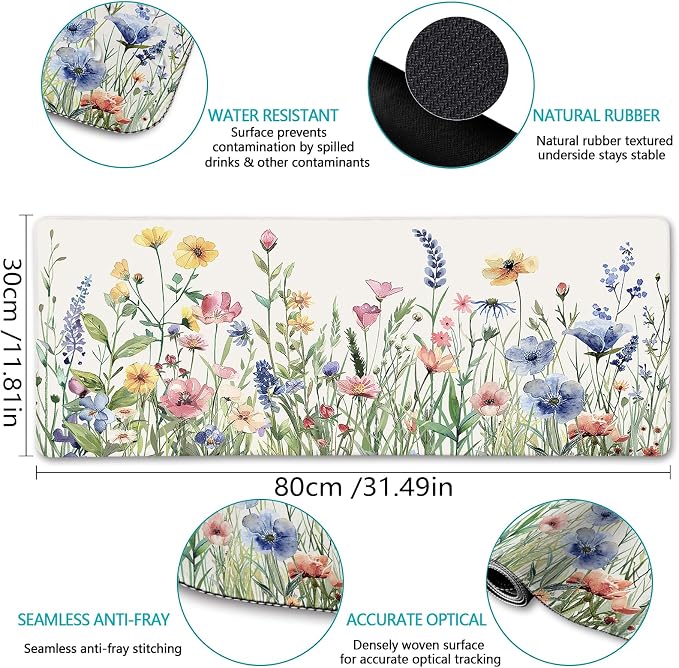 LIMKRIAN Flower Mouse Pad Large Desk Mat for Keyboard Mouse, 31.5x11.8 in | Stitched Edges, Non-Slip, XL Computer Mousepad For Desktop Laptop Gaming, Cute Floral Office Supplies Desk Accessories Decor