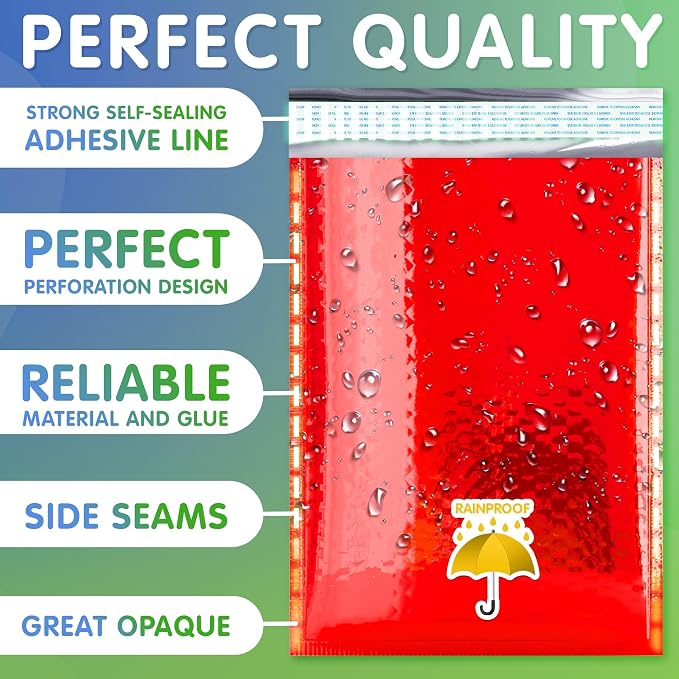 Glamour Metallic Bubble Mailers 6.5 x 9 Inches Red, 200 Pack Padded Envelopes for Shipping, Mailing, Packaging Protection