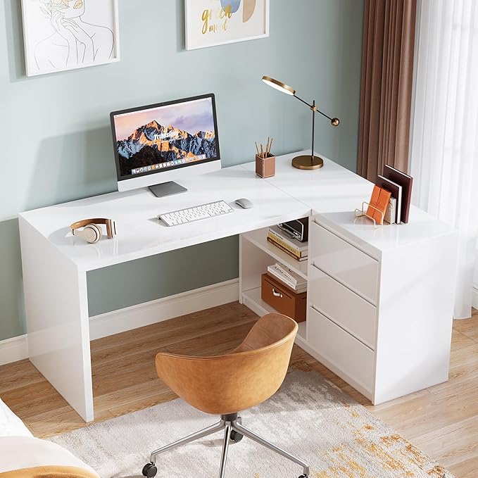 Tribesigns White L-Shaped Computer Desk with 3 Drawers, 55-Inch Modern Gloss Corner Home Office Executive Desk with LED Lights and 2 Storage Shelves for Work Study Writing