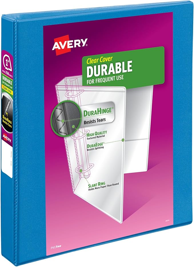 Avery Durable View 3 Ring Binder, 1" Slant Rings, 250-Sheet Capacity, DuraHinge, 1.4" Wide Spine, Customizable Clear Covers and Spine, 1 Pool Blue Binder (17831) (Pack of 6)
