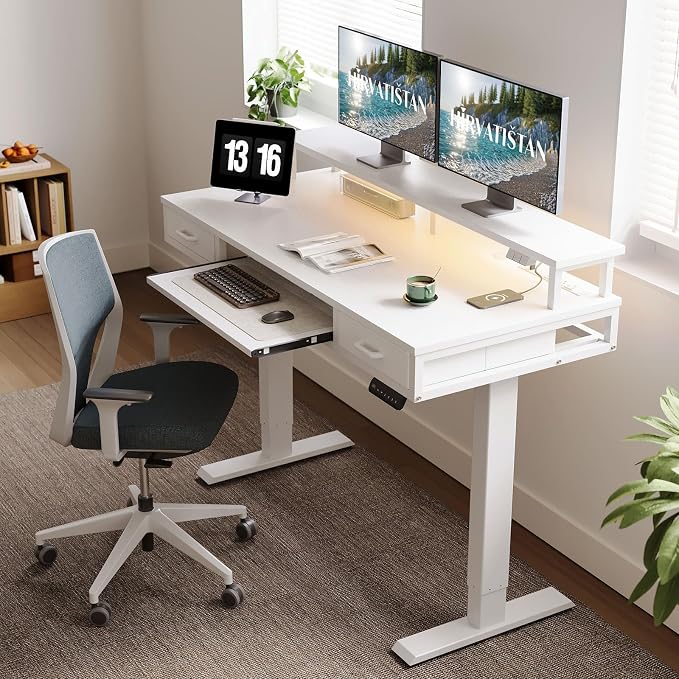 AODK 55 Inch Electric Standing Desk with Drawers & Keyboard Tray, White | Power Outlet, LED Lights, Monitor Stand, Cable Management Tray, 3 Memory Heights, 29.9"-46.1" in Range