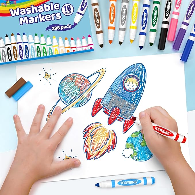Washable Markers Bulk (288 Count), 16 Assorted Colors, Washable Markers for Kids Classroom School, Broad Tip Durable for Back to Classroom Art School Supplies Essentials