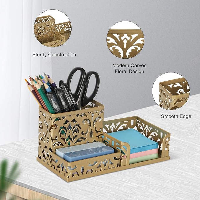 EasyPAG Desk Organizer 3 Compartment Pen Holder for Desk Office Supplies Caddy with Sticky Notes Holder for School Home, Gold