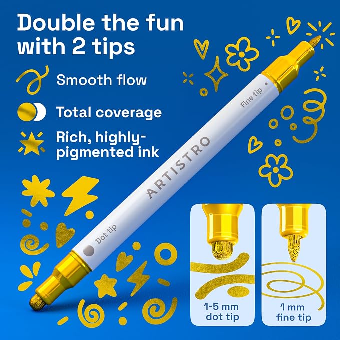 ARTISTRO Gold Dual-Tip Acrylic Paint Marker Pens - Set of 12 | For Fabric, Rock, Glass, Wood, & Coloring Books, Arts & Crafts Gift, Classroom Must Haves & School Supplies (Dot & Fine Tips)