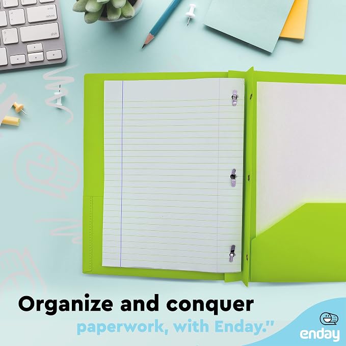 Plastic Folders with Pockets and Prongs Green - Two Pocket Folder with Brads - 3 Prong Folders with Pockets for Letter Size Sheets, Also Available in Blue, Purple, Red, Pink, and Grey, 1 Pc –by Enday