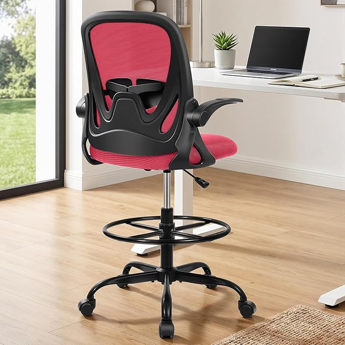 Drafting Chair Tall Office Chair with Flip-up Armrests Executive Ergonomic Computer Standing Desk Chair with Lumbar Support and Adjustable Footrest Ring (Fire Brick)