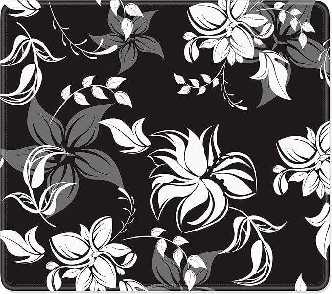Mouse Pad, Minimalism Marble Style Computer Pad, Anti-Slip Rubber Mouse Mat with Stitched Edges for Gaming, Office, Laptop, PC, Women, 9" x 8" Thick 3 mm, Black Flower