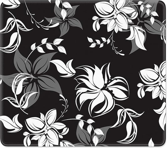 Mouse Pad, Minimalism Marble Style Computer Pad, Anti-Slip Rubber Mouse Mat with Stitched Edges for Gaming, Office, Laptop, PC, Women, 9" x 8" Thick 3 mm, Black Flower
