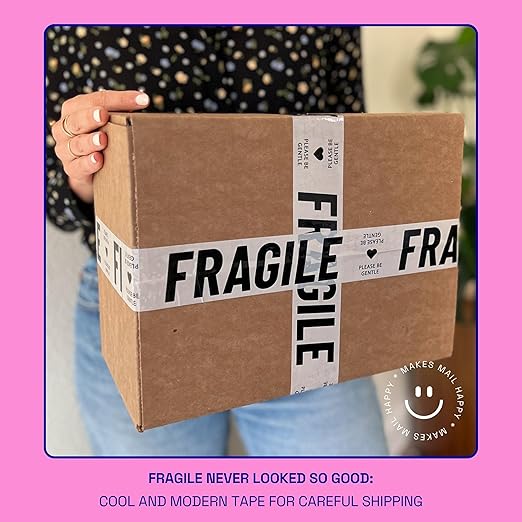 Fragile Packing Tape with Pink Dispenser – Please Be Gentle Minimal Cream & Black Design, 1.88" x 22.2 Yards – Packaging Tape for Moving Boxes, Small Business, and Mailers