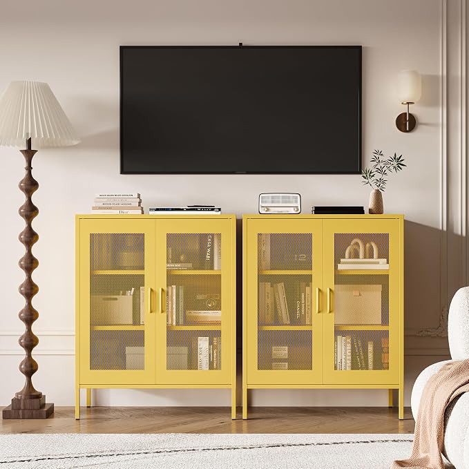 Chshin Metal Locker Storage Cabinet with 2 Mesh Doors and Adjustable Shelves,Yellow Metal Locker Cabinets,Coffee Bar Cabinet,Kitchen Pantry Storage Cabinets for Home,Sideboard,Office(40" H)