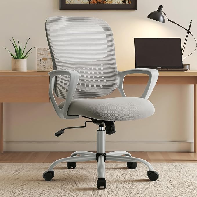 OLIXIS Home Office Chair, Mesh Desk Chair, Ergonomic Lumbar Support | Mid Back Computer Ergonomic, Height Adjustable Swivel Task, Large Seat Armrest, Adults, Grey