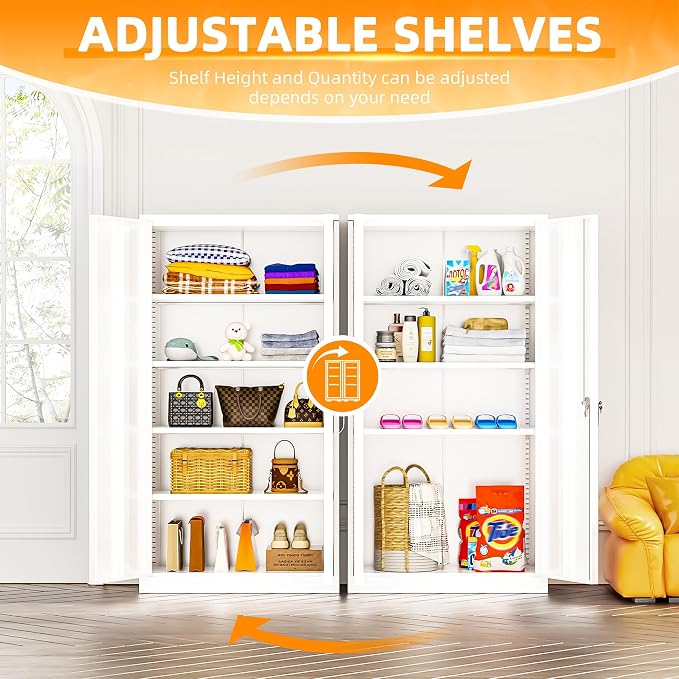 White Metal Storage Cabinet, 72" Locking Steel Cabinets with 2 Door and 4 Adjustable Shelves, Tall Metal Cabinet for Home Office, Garage, Warehouse