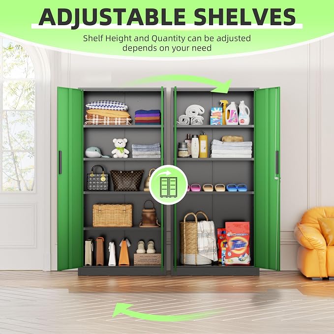 Metal Storage Cabinet, 72" Locking Steel Cabinets with 2 Door and 4 Adjustable Shelves, Tall Metal Cabinet for Home Office, Garage, Warehouse,(Black+Green)