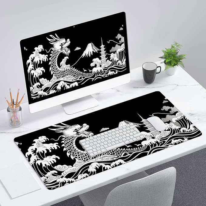 Dragon Desk Mat Gaming Mouse Pad Black White Japanese Sea Wave Extended Gaming Mouse Pad Mat with Stitched Edge Non-Slip Base Big Mouse Pad Office Computer Keyboard Laptop Home 31.5"x11.8"