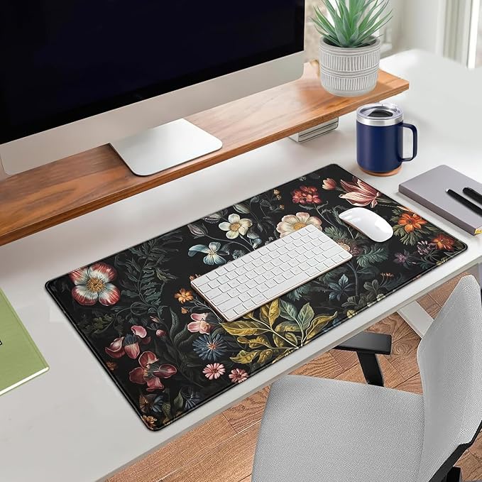 Floral Desk Mat Dark Academia Vintage Aesthetic Desk Pad Flower Plant Large Gaming Mousepad Black Extended Mouse Pad XXL Laptop Computer Mouse Keyboard Mat 31.5 x 15.7 Office Desk Decor