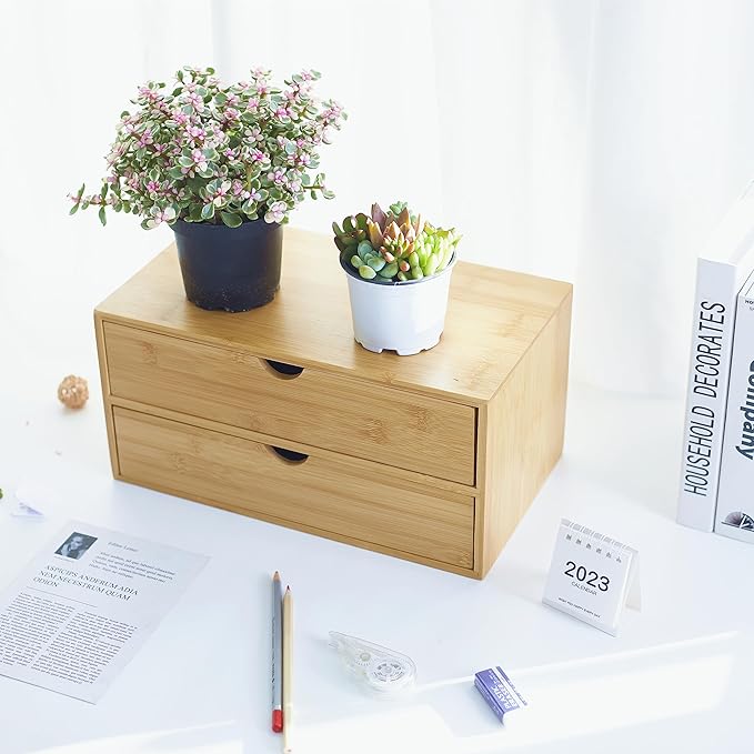 Bamboo Desk Organizer With Drawers Countertop Drawers Counter Storage Box Corner Desk Organizer for Home Office No Assembly Required (2 Drawers)