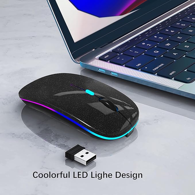 Wireless Bluetooth Mouse Rechargeable Laptop Mice with LED Lights Silent Slim Use(BT5.2 and 2.4G Portable USB Receiver)Dual Mode Computer Mouse for Laptop/iPad/Tablet/Apple/PC/Mac(Pearl Black)
