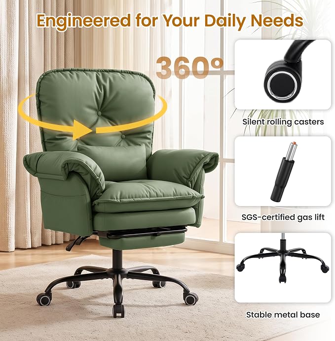 Criss Cross Office Chair with Flip Arms & Footrest, Comfy Desk Chair,Green | Cross Legged Office Chair, Wide Seat Reclining Desk Chair with Wheels, Vanity Chair with Pocket Spring Seat and Side Pockets