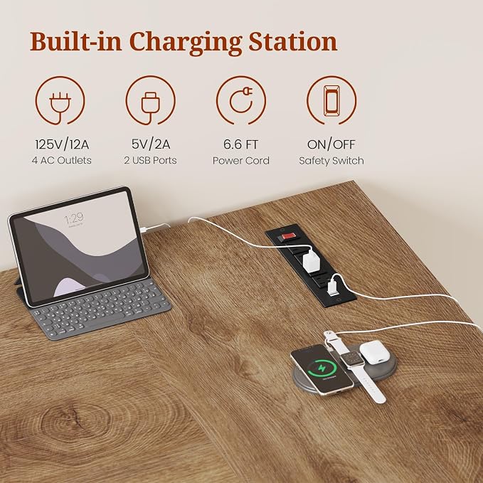 63 in Executive Desk with Power Outlets, Modern Home Office Desk with Storage Cabinet, Wood Computer Desk Business Workstation Desk Conference Table (Oak)