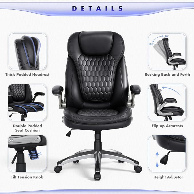 COLAMY Executive Office Chair-Ergonomic Computer Desk Chair, High Back Leather Chair with Padded Flip-up Arms, Swivel Home Office Chair, Black