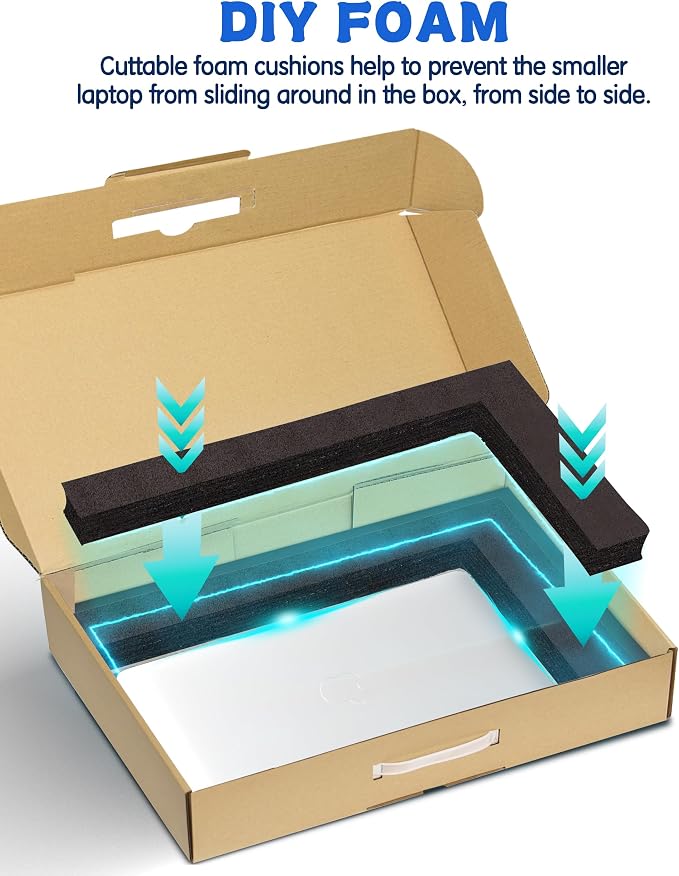 Laptop Shipping Box with Handle, Corrugated Mailer for 17 Inch Notebook Transport, Protective Foam Inserts and Separate Accessory Compartment, Professional Electronics Packaging Box