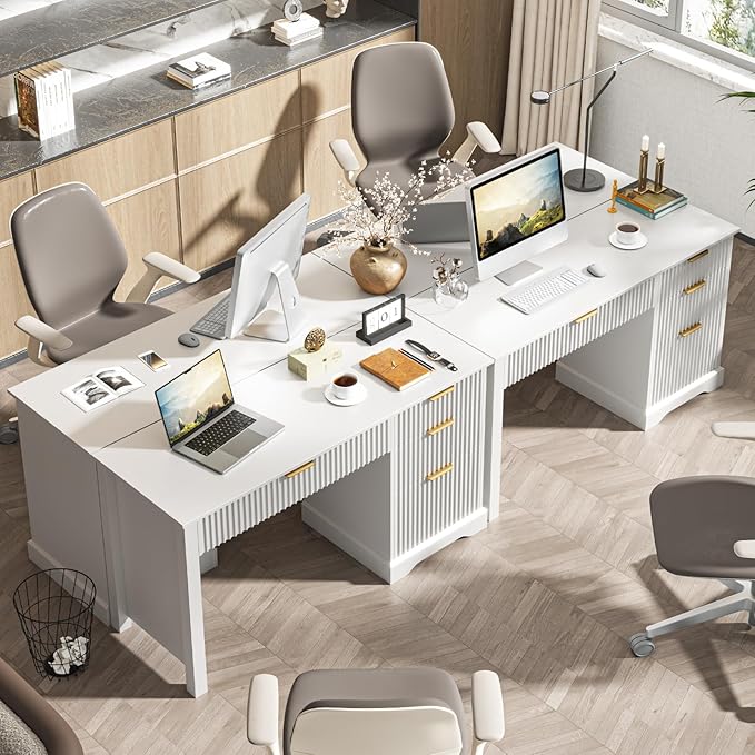 Vabches Fluted Executive Desk with Drawers, Wood Computer Desk with Ample File Drawer, Home Office Desk with Storage for Study, Bedroom, Living Room, White
