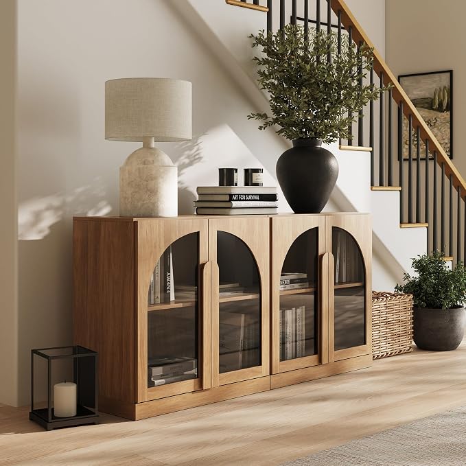 BELLEZE 2 Tier Bookshelf with Arched Glass Door, Set of 2 Modern Display Bookcase Shelf with Storage and Adjustable Shelves, 63" Wood Bookshelves for Living Room Office Entryway (Camel)