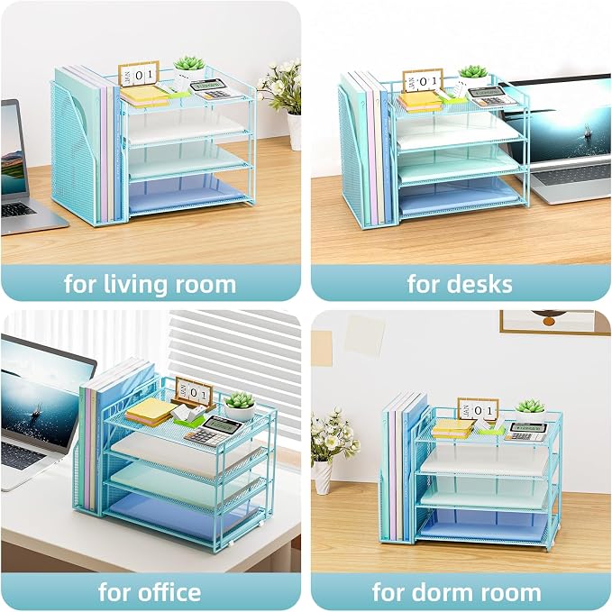 Marbrasse 4-Tier Paper Tray Organizer with File Holder, Blue | Sturdy Paper Tray, Built-in File Holder, fits Letters/Docs, Saves Desk Space, for School/Office/Home