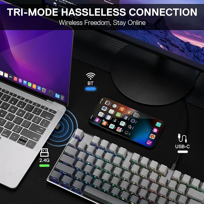 Redragon K556 PRO Wireless RGB Gaming Keyboard, Aluminum Board, PBT Keycaps | 0 Delay Tri-Mode BT/2.4GHz/USB-C for More Devices, Rock-Solid Stability, AM-PM Using Durability, Pro Software, Gradient Color