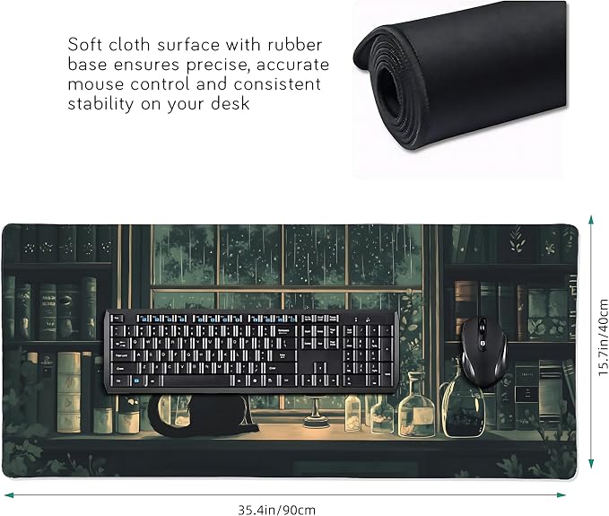 Anime Black Cat Gaming Mouse Pad, Forest Green Mystical Desk Mat with Anti-Slip Base & Stitched Edges, Office & Home Desk Decor for Women, 35.4" x 15.7" in Computer Desktop Mat