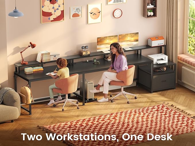 SEDETA 66" Reversible L Shaped Computer Desk with Power Outlet, File Drawer | Home Office Desk with Monitor Shelf, Storage Shelves, LED Lights for Corner Small Spaces, Gaming, Black