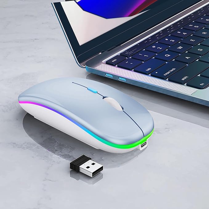 Wireless Bluetooth Mouse Rechargeable Laptop Mice with LED Lights Silent Slim Use(BT5.2 and 2.4G Portable USB) Dual Mode Computer Mouse for Laptop/iPad/Tablet/Apple/Computer/Mac (Blue)