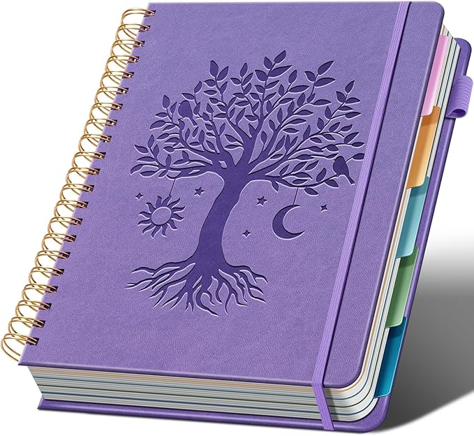 Hardcover Spiral Notebook 8.5" x 11" with 5 Removable Dividers 300 Pages Leather 5 Subject Notebook College Ruled 100GSM Large Spiral Notebooks for Work Thick Lined Journal for Women, Purple