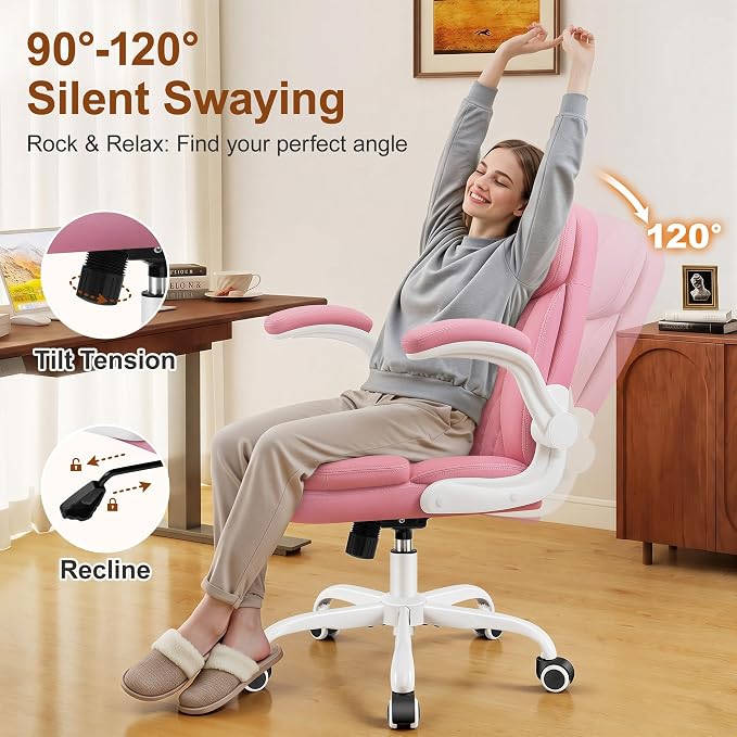 Leather Office Chair, Upgraded PU Computer Desk Chairs with Double-Layer Seat Cushion and Neckrest, 360°Swivel, Ergonomic Small Gaming Chair with Wheels and Adjustable Armrests for Short People, Pink