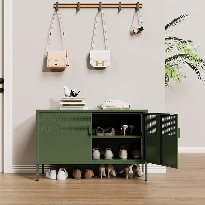 Metal Storage Cabinet,2 Door TV Stand, Metal Mesh Accent Cabinet | Magnetic Door Closure,Low Storage Cabinets with Doors and Shelf for Home,Office,Living Room
