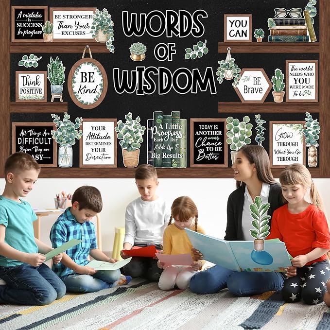 Mooliwe 57 Pcs Eucalyptus Bulletin Board Set Boho Inspirational Cutouts | Motivational Quotes for Teachers, Positive Sayings Wall Set, Classroom Office Home Décor, Words of Wisdom Farmhouse Style