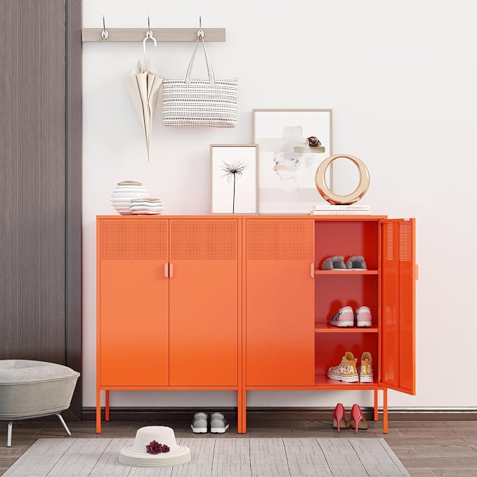 Chshin Metal Storage Cabinet,Kitchen Pantry Storage Cabinet,Metal Sideboard with 2 Doors and 2 Adjustable Shelves,Orange Locker Cabinet for Home,Bathroom,Hallway,Office,Dining Room