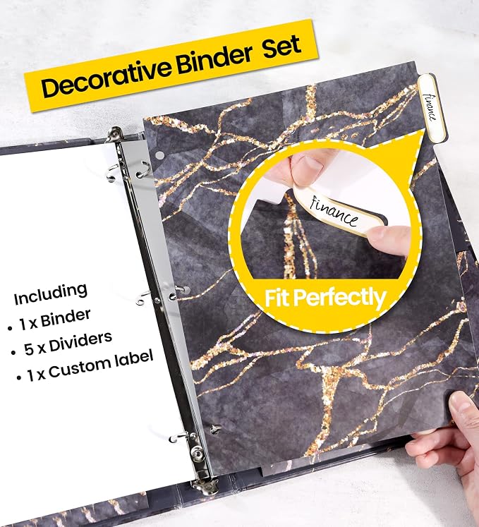 SUNEE 1 Inch Binder with Dividers, Cute Binder with Clipboard, Three Ring Binder Organizer, 5 Tab Dividers, 18 Labels and 2 Pockets, Letter Size for School and Office Supplies,Black Marble Design